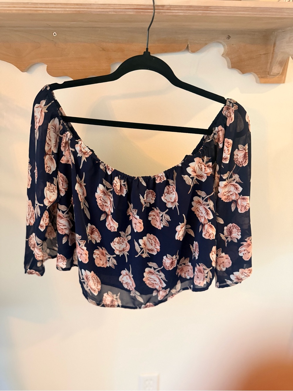 Navy Floral Off-Shoulder Crop Top with Pink Roses